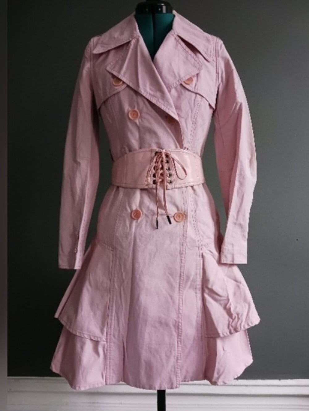 Jean Paul Gaultier Vintage Pale Pink Lace-Up Belted Trench Coat, Size 40